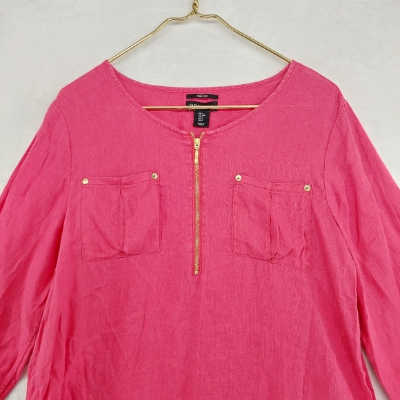 Jones New York Pink 100% Linen 1/4 Zip Pockets 3/4 Sleeve Top Tunic P4528 - Picture 2 of 7